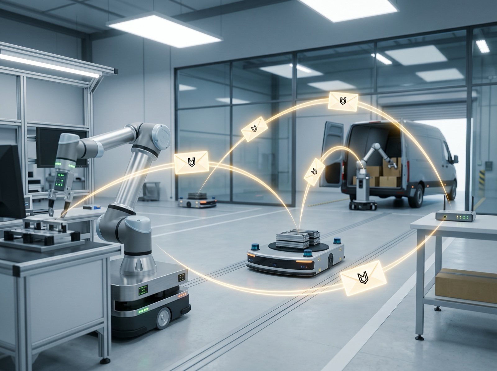 Autonomous robots and vehicles exchanging credentials in a modern logistics hub.
